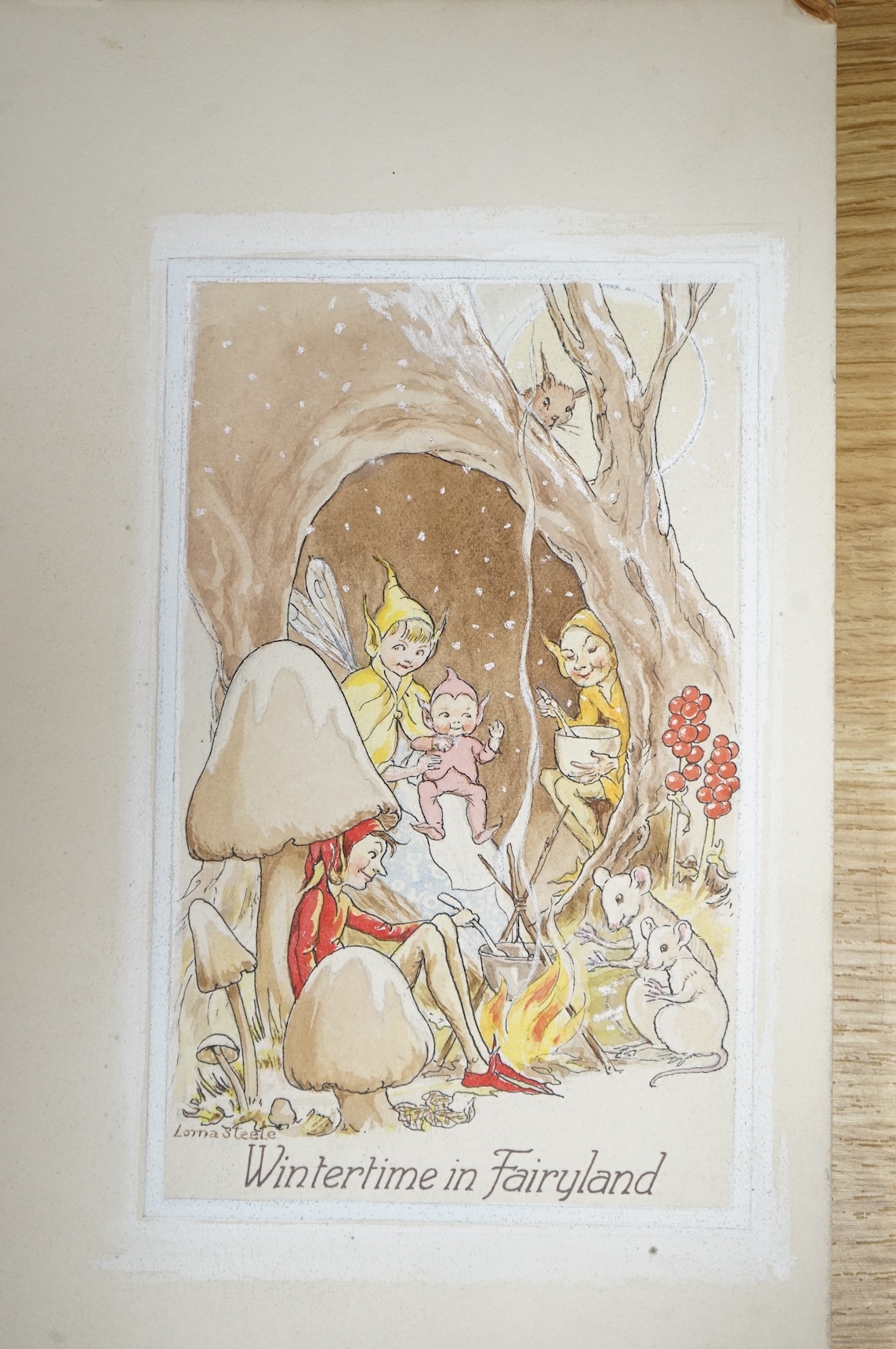 Lorna Steele (1902-1990), a set of six original watercolours for children's postcard artworks, Fun in Fairyland, each signed and inscribed, unframed, largest 27 x 16cm